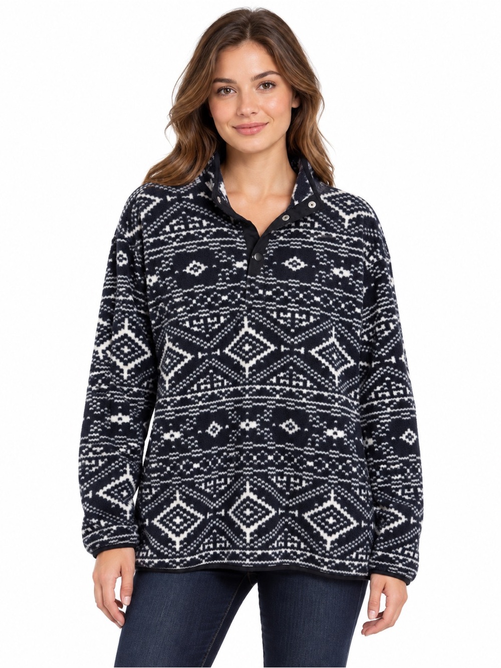 Chaps Navy & White Fair Isle Snap-Button Teddy Jacket